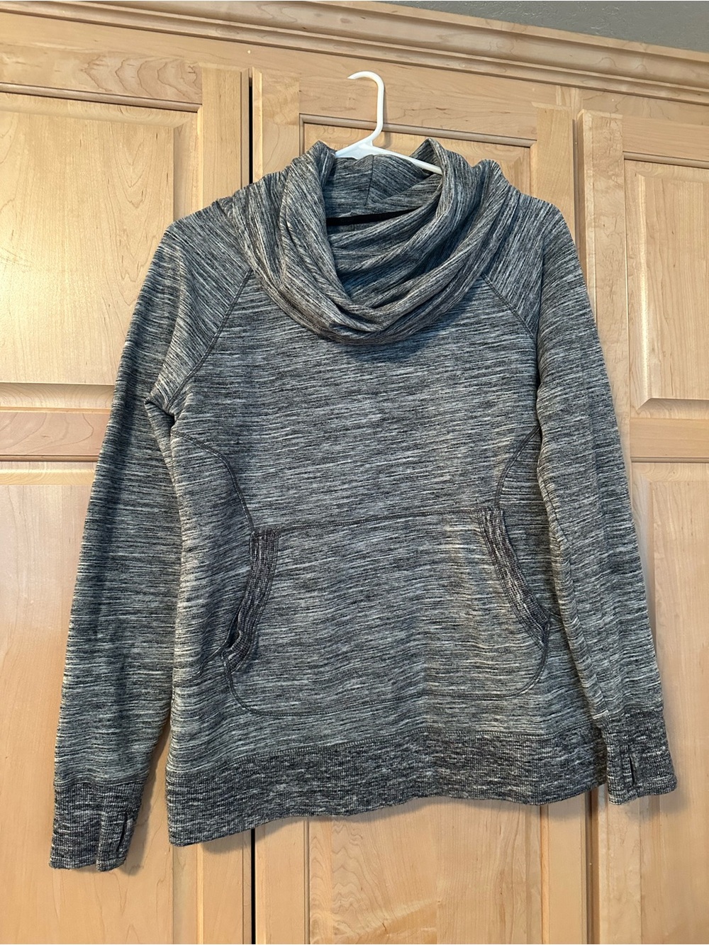 L.L. Bean Cozy Heathered Gray Cowl Neck Pullover With Pocket & Thumbhole Cuff!